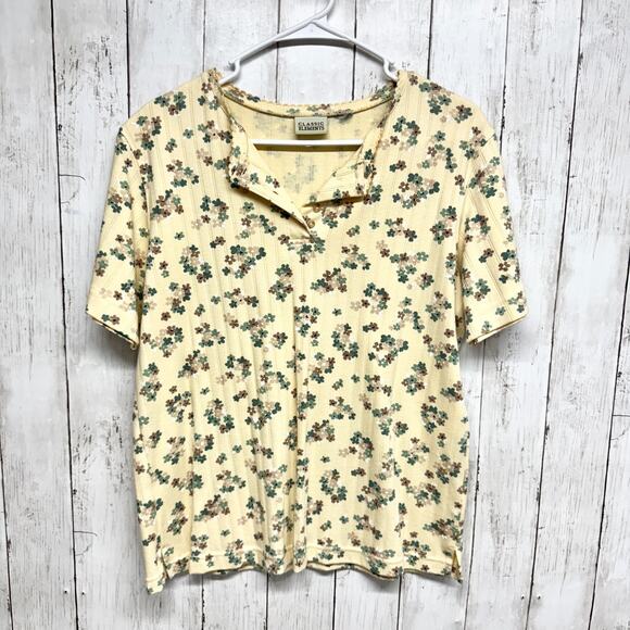 Vtg Classic Elements Top Women 41" Chest Yellow Floral Short Sleeve Polo Shirt - Picture 1 of 6